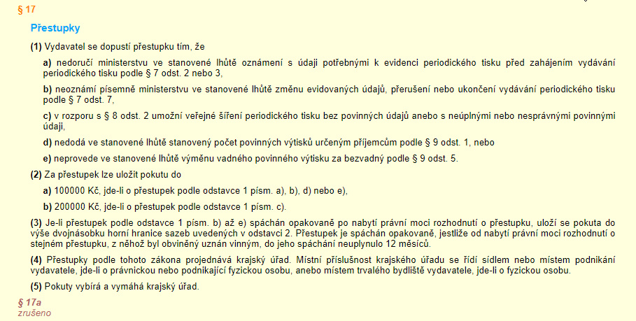Přestupky podle tiskového zákona | SEMTIX.cz